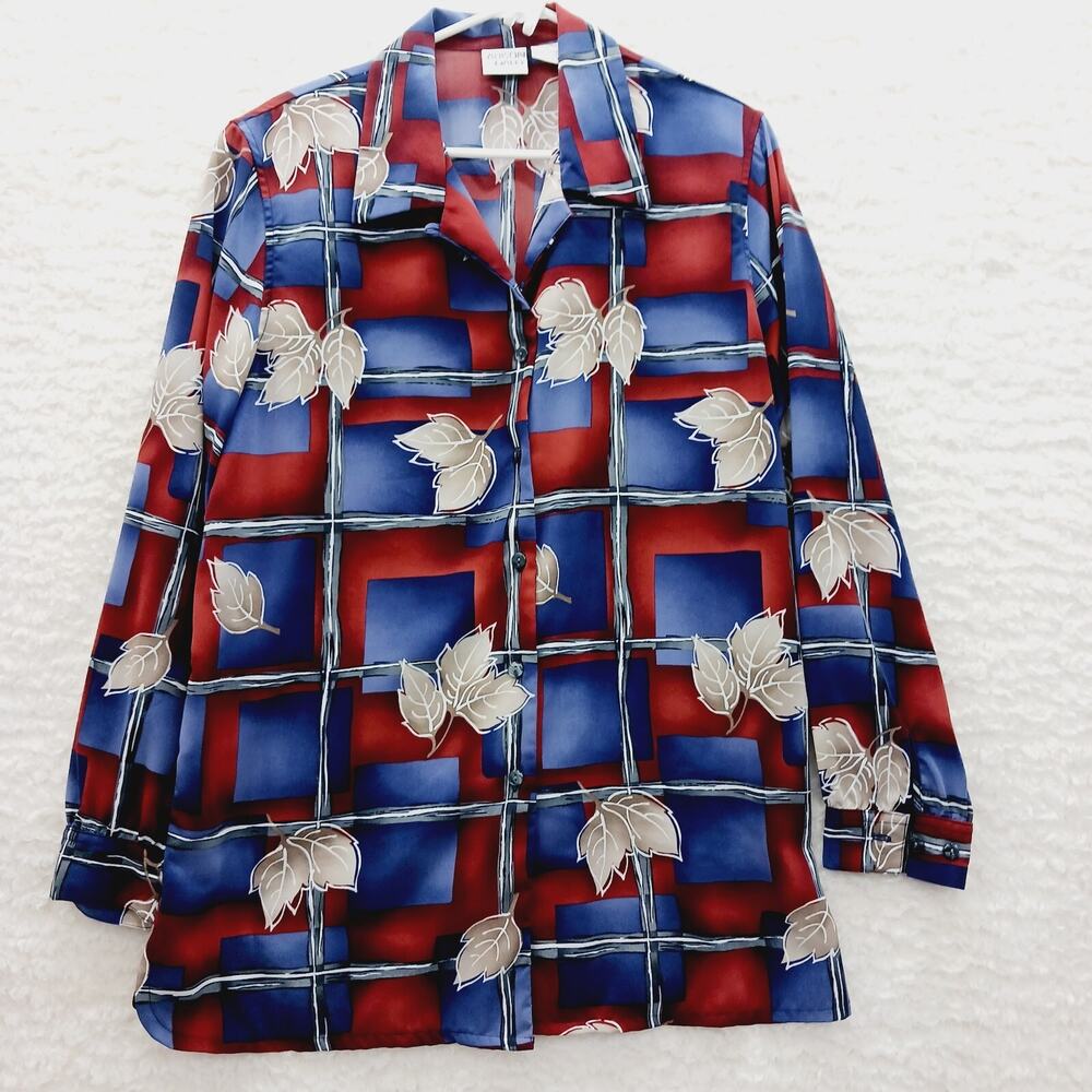 Blouse Button-up Leaves Navy Rust Office Casual Whimsycore Retro Festival Sz 14